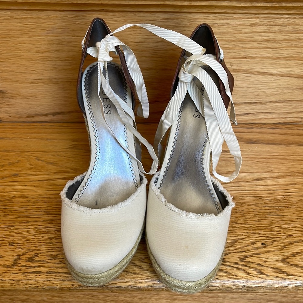 Guess 8half cream tan straw heel wedge shoe